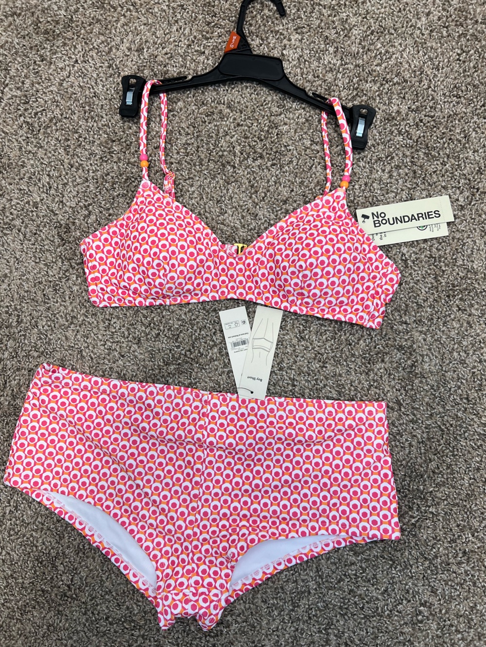 No Boundaries Pink and White Geo Print Bikini Top with Orange Accents